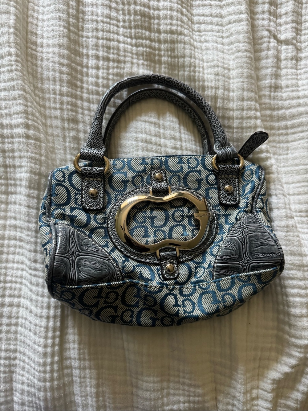 Vintage Y2K Guess Blue Jacquard Logo Satchel with Silver-Tone Hardware